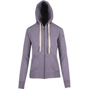 A grey heavy zip fleece hoodie with a hood, featuring a zipped front and pockets. It has a logo on it.
