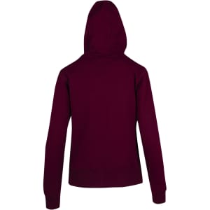 A maroon women's junior heavy zip fleece hoodie with a hood and ribbed cuffs. Features a logo on the back.