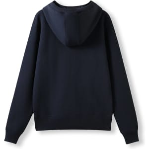 A navy women's juniors heavy fleece hoodie featuring a hood and fitted design at the back. It has a logo.