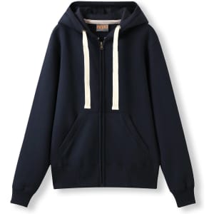 A navy heavy zip fleece hoodie with a hood, front pockets, and contrasting drawstrings.