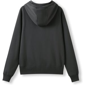 A black women's junior heavy zip fleece hoodie with a hood and ribbed cuffs. Features a plain back design.