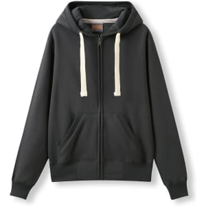 A black heavy zip fleece hoodie with a hood and cream drawstrings, featuring front pockets and a brand logo.