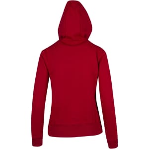 A red women's juniors heavy fleece hoodie with a hood and ribbed cuffs. It features a branding logo.