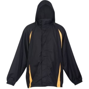 A black rain jacket with yellow accents and a hood, featuring a logo on the front.