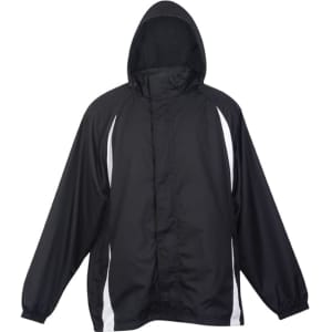 A black and white men's shower proof Sportech nylon jacket with a hood. Features a logo on the front.