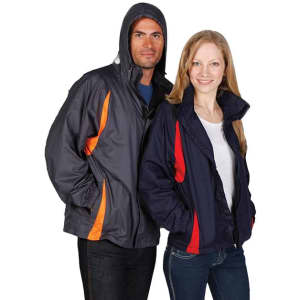 A grey and navy shower-proof Sportech nylon jacket with orange accents, displayed on a man and woman.