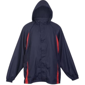 A navy blue and red men's shower-proof nylon jacket with a hood and elastic cuffs. It features a logo.