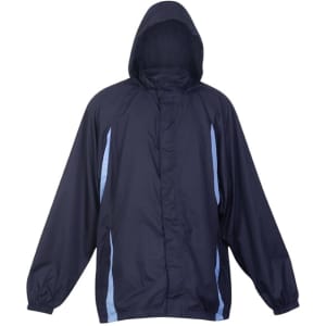 A navy blue men's shower proof sportech nylon jacket with a hood and light blue accents. It features a logo.