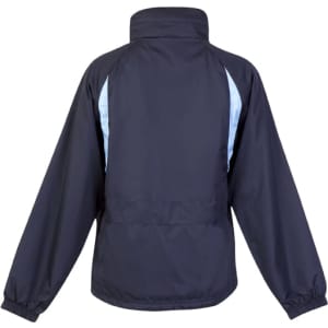 A navy blue women's junior shower-proof sportech nylon jacket with light blue accents and a logo.