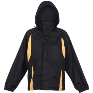 A black and yellow shower-proof sportech nylon jacket with a hood and elasticised cuffs. It has a logo on the front.