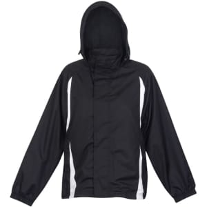A black shower-proof nylon jacket with white detailing and a hood, featuring long sleeves and a logo.