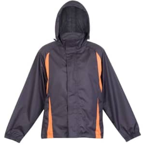 A rain jacket in navy blue with orange accents, featuring a hood and an emblem.