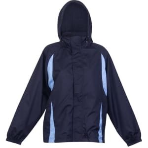 A navy blue shower proof sportech nylon jacket featuring light blue accents and a hood, with elasticised cuffs.