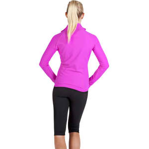 A fitted women's jacket in vibrant pink made from nylon and spandex, featuring a back view and a simple design.