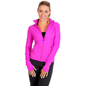 A vibrant pink women's jacket made of nylon and spandex, featuring a zip front and a stand-up collar.