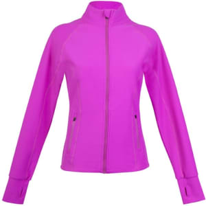 A women's jacket in vibrant pink, featuring a zip front and long sleeves with thumbholes. Includes a logo.