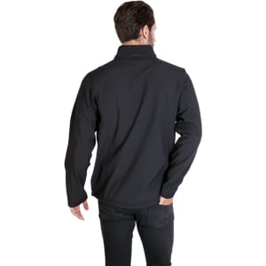 A black men's soft shell jacket viewed from the back, featuring a collar and a logo.