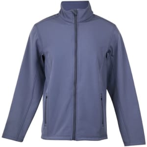 A grey soft shell jacket with a zip front and two side pockets, featuring a collar and a logo.