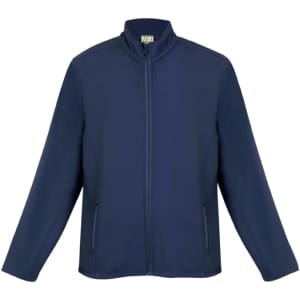 A navy blue men's soft shell jacket with a front zip and side pockets. It features a collar and a logo.