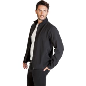 A men's black soft shell jacket with a zip front and high collar, featuring a logo on the sleeve.