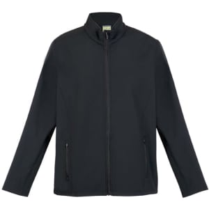 A black men's soft shell jacket with a zip front and two side pockets, featuring a collar and a logo.