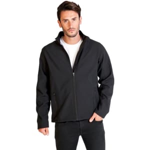 A man wearing a black soft shell jacket with a zippered front and stand-up collar. The jacket has pockets.