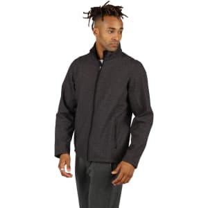 A black soft shell jacket with a textured design, featuring a zip front and two side pockets.