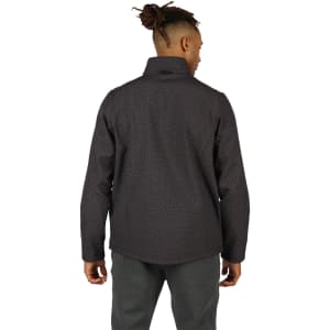 A men's soft shell jacket in dark grey with a textured pattern and a collar. The jacket features a plain back view.