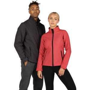 A black soft shell jacket and a red soft shell jacket worn by a man and woman, both with zippered fronts and casual attire.