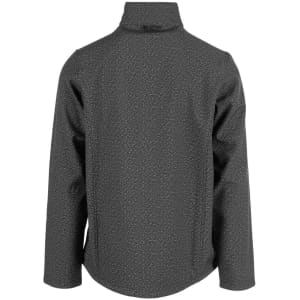 A black soft shell jacket with a textured pattern, featuring a high collar and no visible branding on the back.