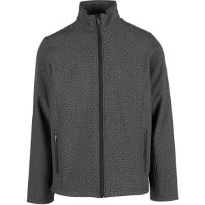A men's soft shell jacket in heather grey with a zip front and two side pockets. Features branding on the jacket.