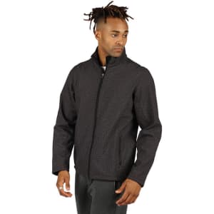 A soft shell jacket in charcoal grey, featuring a high collar and a zip front, with side pockets and a branding logo.