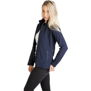 A women's soft shell jacket in navy, featuring a zip front and side pockets, with a logo present.
