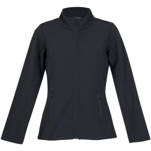 A women's soft shell jacket in dark grey, featuring a zip front and side pockets, with a logo present.