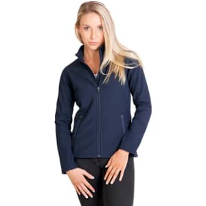 A soft shell jacket in navy blue, featuring a front zip and a fitted design, with a logo present.
