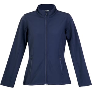 A women's soft shell jacket in navy blue with a full zip and pockets, featuring a branded logo.