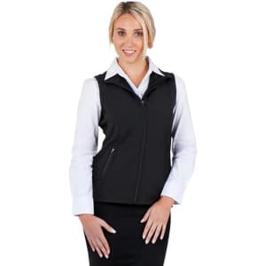 A black women's soft shell vest from the TEMPEST range, featuring a zip front and a fitted design.