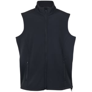 A men's black soft shell vest with a high collar and two zip pockets. It features a logo on the front.