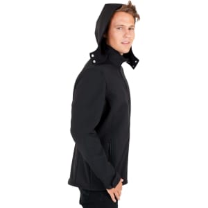A black soft shell hooded jacket with a fitted style, featuring a zip front and side pockets.