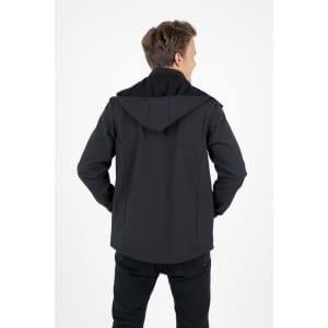 A men's softshell hooded jacket in black, featuring a hood and a logo, viewed from the back.