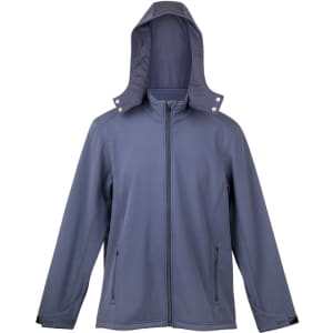 A men's soft shell hooded jacket in navy blue with a zip front and side pockets, featuring a logo on the chest.