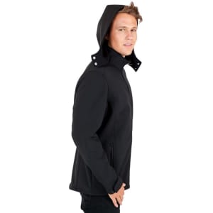 A black men's soft shell hooded jacket from the TEMPEST range, featuring a hood and zip pockets.