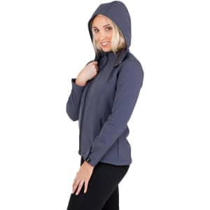 A women's soft shell hooded jacket in navy, featuring a fitted design and a front zipper, with a logo.