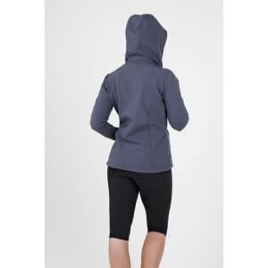 A soft shell hooded jacket in grey, featuring a fitted design and a back view. The model wears black leggings.