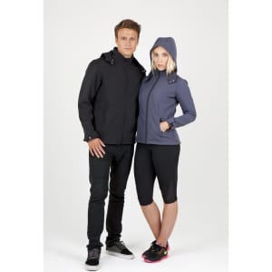 A black soft shell hooded jacket on a male model and a navy soft shell hooded jacket on a female model, both with logos.