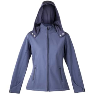 A soft shell hooded jacket in navy, featuring zippered pockets and a branded logo.
