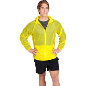 A men’s jacket in bright yellow, featuring a zip-up front and a lightweight, breathable design. It has a logo.