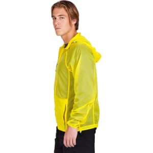 A bright yellow men's air jacket, featuring a hood and zippered pockets, displayed on a model from the side.