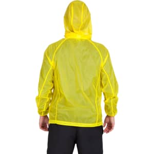 A men's jacket in bright yellow with a hood, featuring a logo and a lightweight, breathable design.