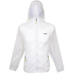 A white men's air jacket featuring a hood, zippers, and a small logo. It has green accents.